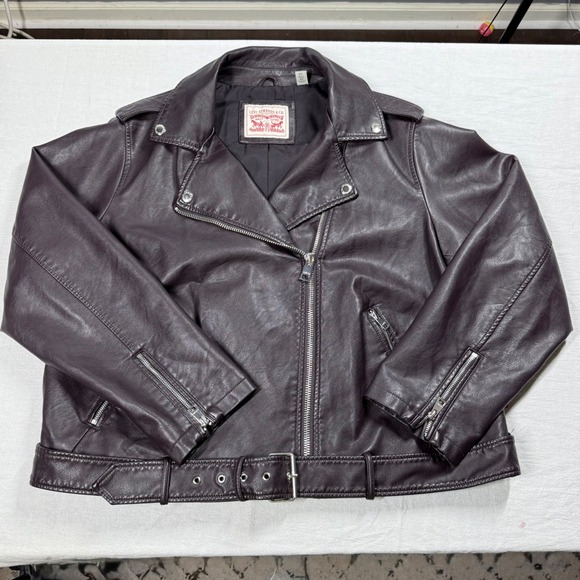 Levi's Faux Leather Moto Jacket 2X Deep Purple Belted Asymmetrical Zip Biker - Picture 1 of 16